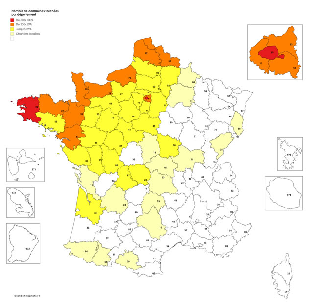Nombre de communes touchées par la mérule en 2012